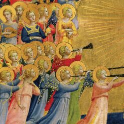 Gold coloured Christmas card with lots of angels with gold halos playing musical instruments.