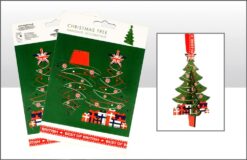 Image of a pop out Christmas Tree Hanging Decoration. The green tree has Union Jack decorations and star. Presents under the tree are wrapped in blue, white and red. The tree sits in a red bucket. The decoration has a red ribbon with the text 'Best of Bri