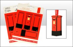 Image of a pop out London Post Box Hanging Decoration. The red post box has a gold plate on the front and an image of a crown with the text 'London' in capital letters. The decoration has a red ribbon with the text 'Best of British' in white letters.