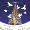 Doves fly around a gold Christmas tree which is decorated with red baubles and a gold star on top. Snow falls heavily all around. The text at the bottom reads Wishing you Peace at Christmas time.