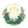 Image of three burning candles surrounded by a wreath of festive foliage and red berries. The text 'Christmas Blessings' in gold script curves across the image above the candles.