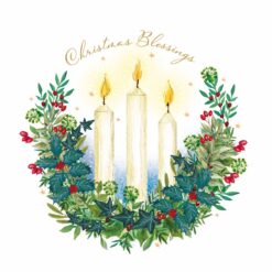 Image of three burning candles surrounded by a wreath of festive foliage and red berries. The text 'Christmas Blessings' in gold script curves across the image above the candles.