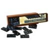 Traditional game of classic wooden dominoes in a brown wooden box.
