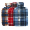 Image of three checked fleece hot water bottles. From left to right, the first hot water bottle cover is blue, yellow and white checks. The middle cover is red, white and grey checks and the cover on the right is white and different shades of blue.