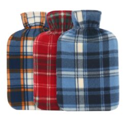 Image of three checked fleece hot water bottles. From left to right, the first hot water bottle cover is blue, yellow and white checks. The middle cover is red, white and grey checks and the cover on the right is white and different shades of blue.