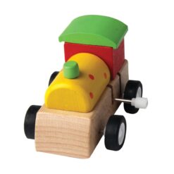 Clockwork wooden train with green, red and yellow colours.