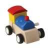 Clockwork wooden train with red, yellow and blue colour.