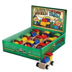 Box of colourful clockwork wooden trains. A variety of colours.