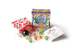 Little box of marbles from House of Marbles. Colourful marbles with a red and white canvas bag. Booklet with ideas for games to play with the marbles.