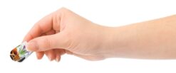 Image showing a hand holding a mini magnetic bookmark. The bookmark is being held between the thumb and forefinger.