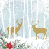 Two golden stag silhouettes in a white woodland with festive foliage and poinsettia in the forefront.
