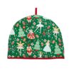 Tea cosy with a Nutracker pattern on a green background. The pattern includes different images from the Nutcracker ballet.