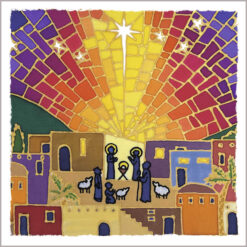 Mosaic image of the nativity scene in rainbow colours