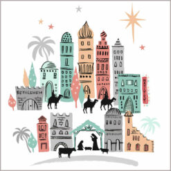 Colourful illustration of Bethlehem with the nativity scene at the front. The Northern Star lights up the night sky