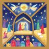 Christmas card with gold border. Image features different scenes from the nativity with Mary, Joseph and the baby Jesus in the centre.