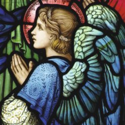 Colourful stained glass image of an angel.