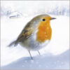 Christmas card featuring an illustration of a charming robin red-breast sitting in a snowy field with a house and woodland in the background. Snow is falling heavily.