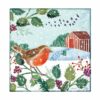A large robin red-breast sits on a branch of festive foliage and berries. Behind the robin are snow covered fields and footprints in the snow leading up to a shed. A pair of green wellies sit in the snow. Birds fly across the snowy sky.