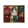 Box containing red and gold metallic gift tags, red, gold and green metallic ribbons and bows.
