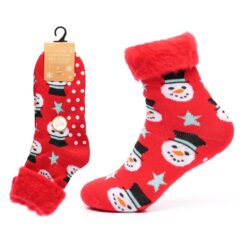 Ladies Christmas bed socks with gripper soles. This image shows red socks with snowmen and stars and white gripper pads.