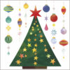 Colourful graphic of a triangular Christmas tree decorated with yellow stars and a large red star on top. Either side of the tree, strings of baubles hang down.