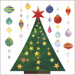 Colourful graphic of a triangular Christmas tree decorated with yellow stars and a large red star on top. Either side of the tree, strings of baubles hang down.