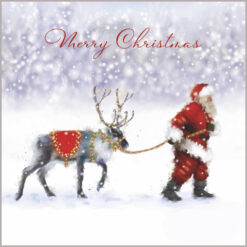 Santa pulls a reindeer through the thick snow. It's reins are covered in twinkling lights. Text reads Merry Christmas.