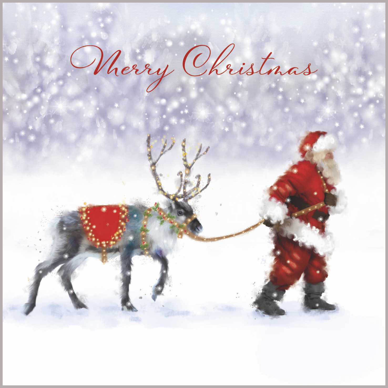 Santa pulls a reindeer through the thick snow. It's reins are covered in twinkling lights. Text reads Merry Christmas.
