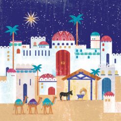 Charity Christmas card featuring an illustration of the town of Bethlehem with baby Jesus asleep in his manger in the stable.