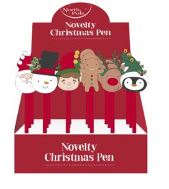 A selection of fun novelty Christmas pens. Pens topped with a Santa, Snowman, Elf, Gingerbread man, Reindeer or a penguin.