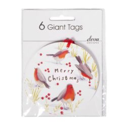 6 giant tags by Deva Designs. Round tags with red ribbons with an image of 4 robins pecking at red berries in the snow covered grass.
