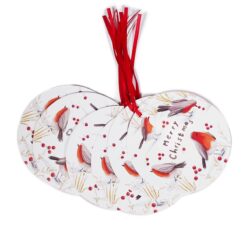 6 giant tags by Deva Designs. Round tags with red ribbons with an image of 4 robins pecking at red berries in the snow covered grass.