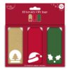 Twelve luxury gift tags in an assortment of gold, red and green. Each tag has a small festive detail at the bottom including a Christmas tree, santa hat or sprig of holly.