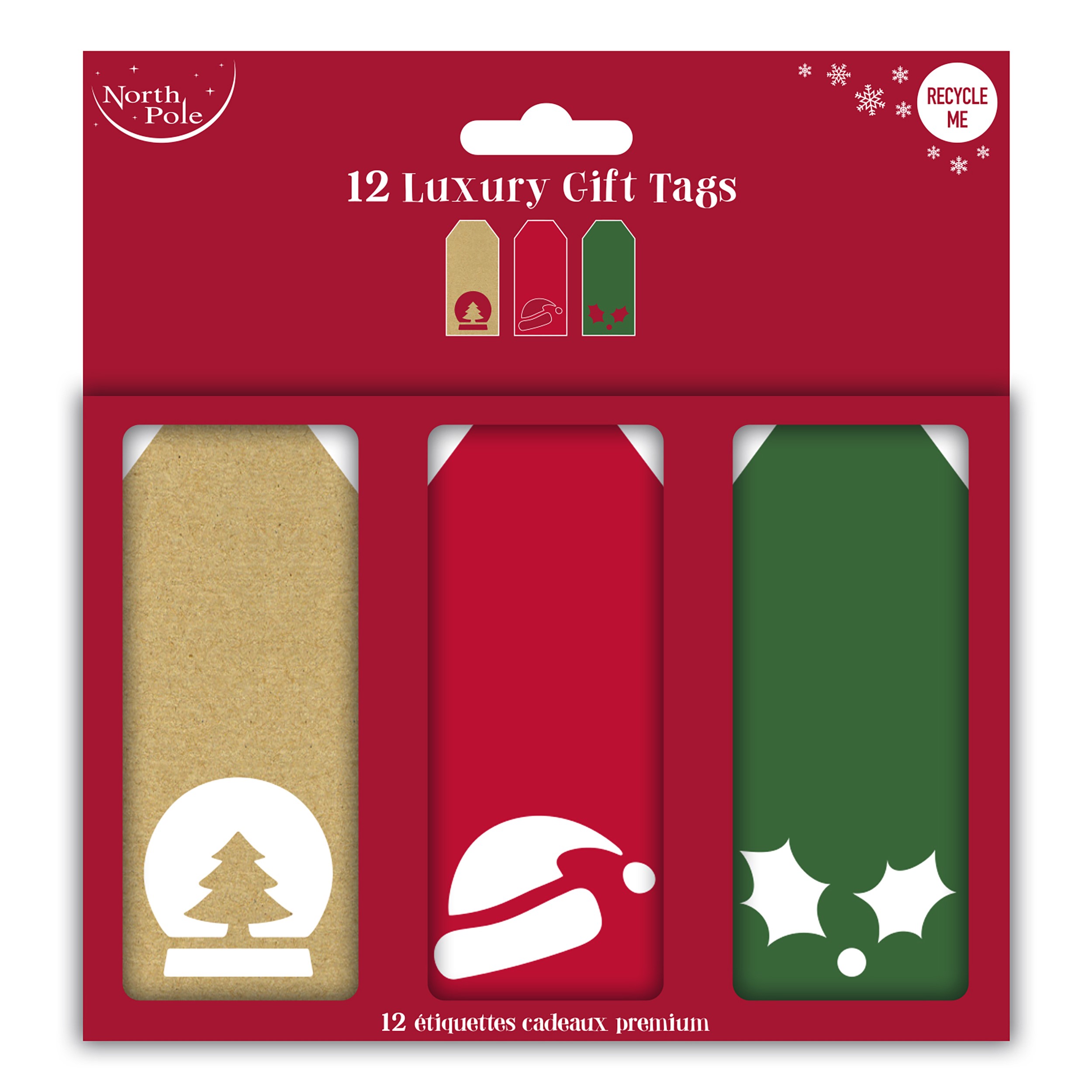 Twelve luxury gift tags in an assortment of gold, red and green. Each tag has a small festive detail at the bottom including a Christmas tree, santa hat or sprig of holly.