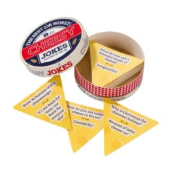 Open box of Cheesy jokes. Cards are in a triangular shape resembling a slice of cheese.