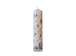 Pillar advent calendar with images from the nativity. The numbers 1 to 24 count down the candle.