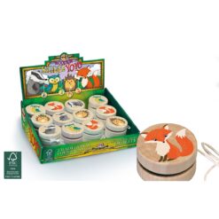 Box of wooden wildlife yo-yos with different animal designs including a fox, owl, hedgehog and badger.