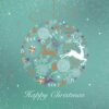 Blue card decorated with snowflakes and stars. Reindeer, foliage, gifts, bells and stars are positioned in the shape of a Christmas bauble which is tied at the top with a gold ribbon.