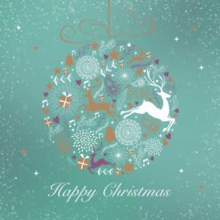 Blue card decorated with snowflakes and stars. Reindeer, foliage, gifts, bells and stars are positioned in the shape of a Christmas bauble which is tied at the top with a gold ribbon.