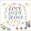 Text reads Love Hope Peace Joy surrounded by a wreath. Below the text are images from the nativity story.