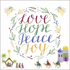 Text reads Love Hope Peace Joy surrounded by a wreath. Below the text are images from the nativity story.