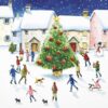 Christmas card featuring a large Christmas tree in a village square surrounded by snow covered houses and people carrying gifts, sledging and walking dogs as they admire the tree.