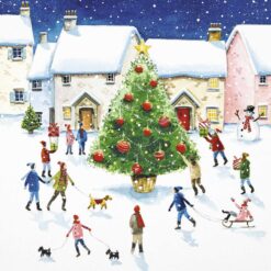 Christmas card featuring a large Christmas tree in a village square surrounded by snow covered houses and people carrying gifts, sledging and walking dogs as they admire the tree.