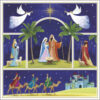 Christmas card with nativity theme. Mary and Joseph stand in the centre holding baby Jesus. Above is the Northern Star and two angels playing flageolets. Either side of Mary & Joseph are shepherds with lambs at their feet. Below the central image is an il