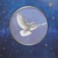 Blue card deocarated with gold stars and the Northern Star. A dove splays its wings gracefully within a gold halo with Bethlehem in the background.