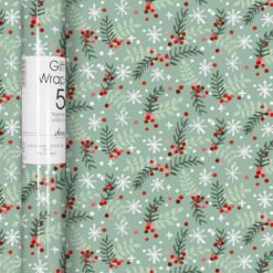5 metre x 50cm gift wrap roll with a beautiful pattern of fir branches, red berries and snowflakes. Sustainably sourced and recyclable.