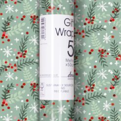 5 metre x 50cm gift wrap roll with a beautiful pattern of fir branches, red berries and snowflakes. Sustainably sourced and recyclable.
