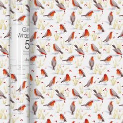 5 metre x 50cm gift wrap roll. A beautiful pattern of robin red breasts red berries and festive foliage poking through the snow. White background.