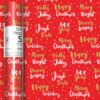 Roll of red wrapping paper decorated with white and gold lettering. The text reads 'Jolly', 'Merry', 'Bright', 'Winter Wishes', 'Happy Holidays', 'Happy Christmas', 'Jingle Bells', 'Let it Snow', 'Holly Jolly'. 5 metres of gift wrap, sustainably sourced a