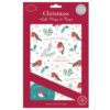 Christmas gift wrap and tags. Five sheets have a robin pattern with festive foliage and the text Christmas Greetings and Merry Christmas. Tags are round with the text Christmas Wishes.
